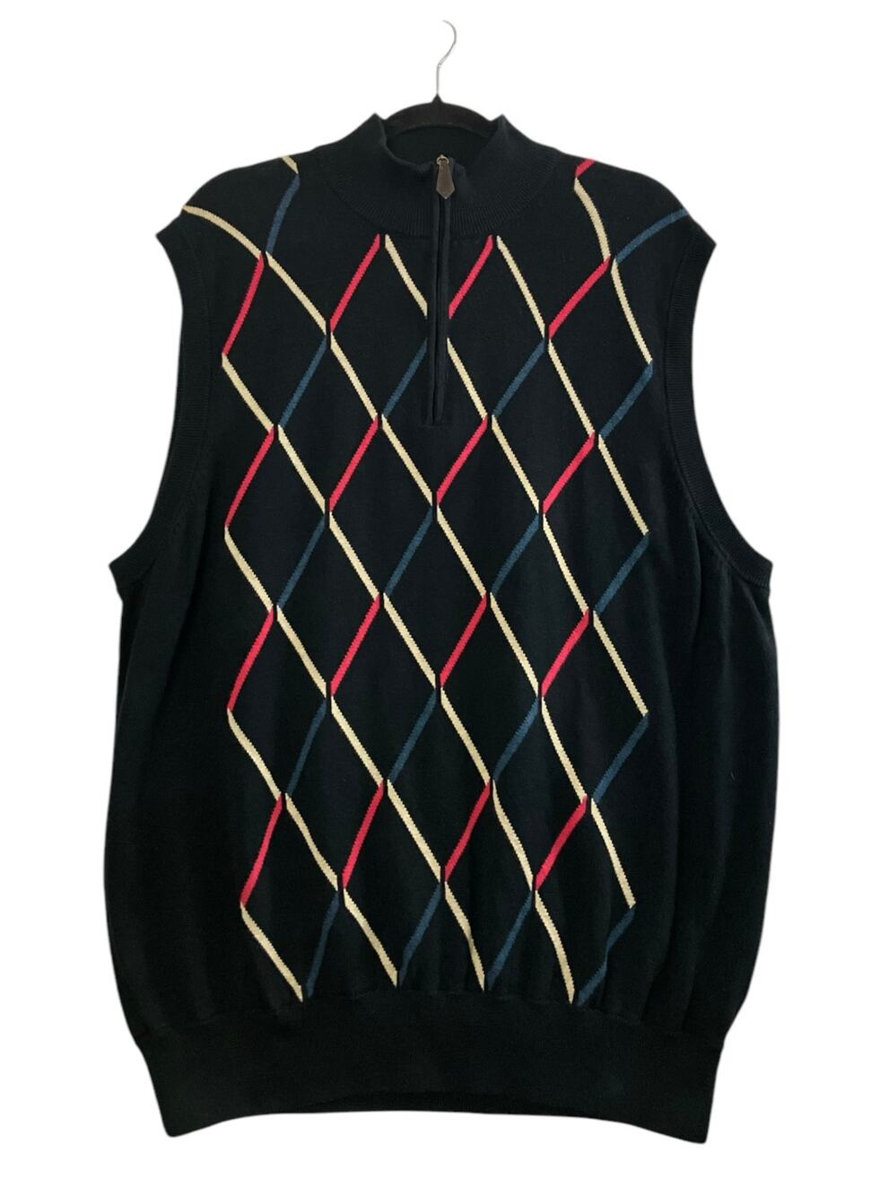 ST. ANDREWS of Scotland Men's Black Argyle 1/4 Zip Sleeveless Sweater | Size XL